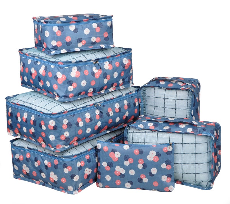 Vercord 7 Set Travel Packing Organizers Cubes Luggage Suitcase Organizer Bags Clothes Underwear Cube Shoe Pouch Pack Blue Flower - Image 1